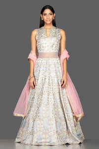 Buy stunning powder blue embroidered sheer Anarkali online in USA with pink dupatta. Look radiant on weddings and special occasions in splendid designer Indian dresses, wedding lehengas crafted with finest embroideries and stunning silhouettes from Pure Elegance Indian fashion boutique in USA.-full view