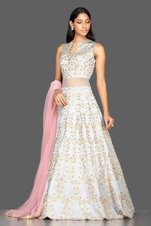 Buy stunning powder blue embroidered sheer Anarkali online in USA with pink dupatta. Look radiant on weddings and special occasions in splendid designer Indian dresses, wedding lehengas crafted with finest embroideries and stunning silhouettes from Pure Elegance Indian fashion boutique in USA.-side