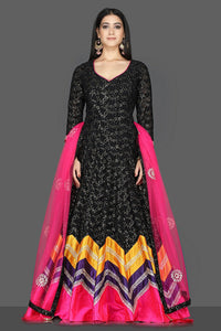 Buy beautiful black georgette Lucknowi embroidery Anarkali online in USA with pink dupatta. Flaunt ethnic fashion with exquisite designer lehenga, Indian wedding dresses, Anarkali suits from Pure Elegance Indian fashion boutique in USA.-full view