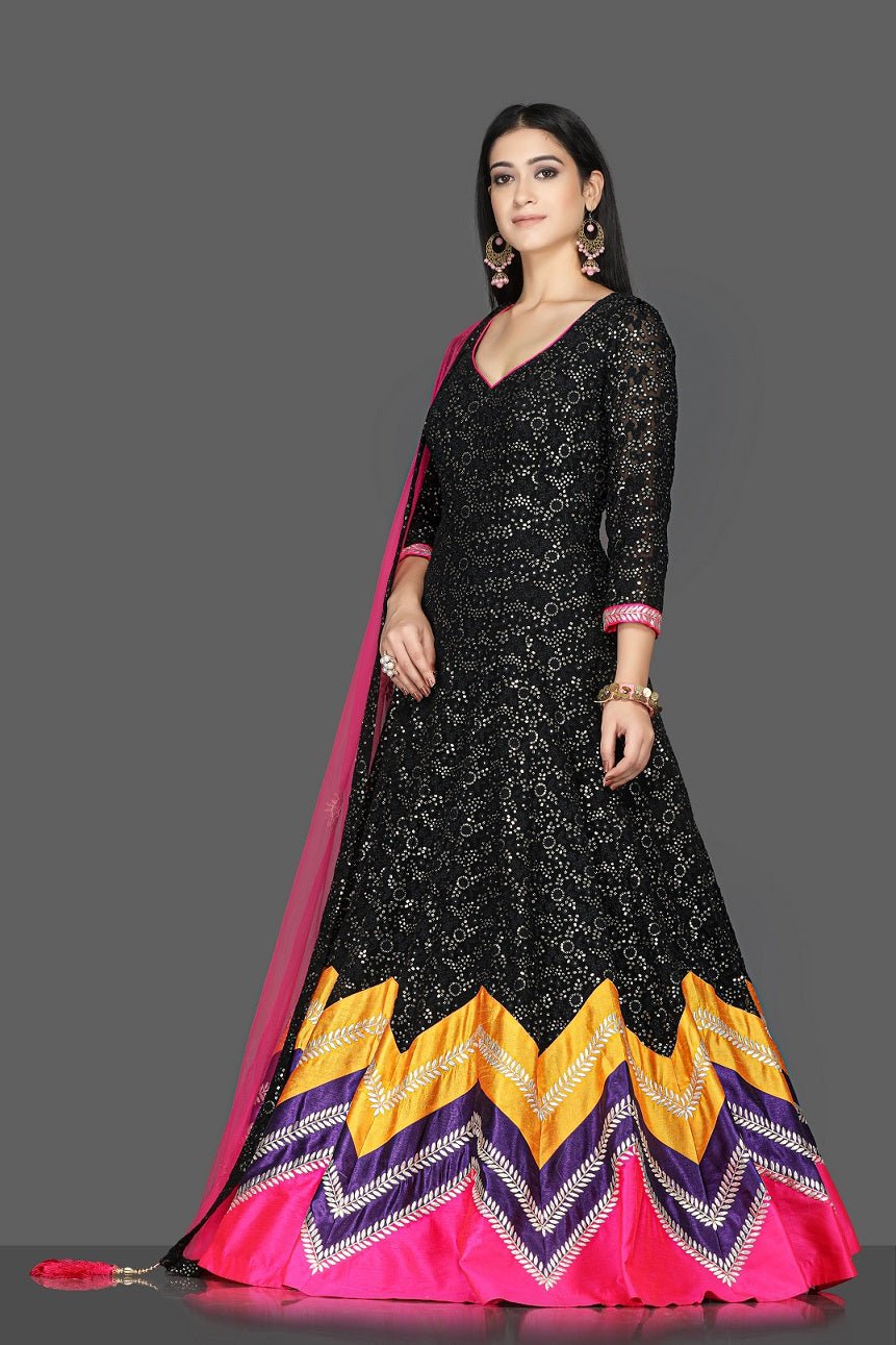 Buy beautiful black georgette Lucknowi embroidery Anarkali online in USA with pink dupatta. Flaunt ethnic fashion with exquisite designer lehenga, Indian wedding dresses, Anarkali suits from Pure Elegance Indian fashion boutique in USA.-side