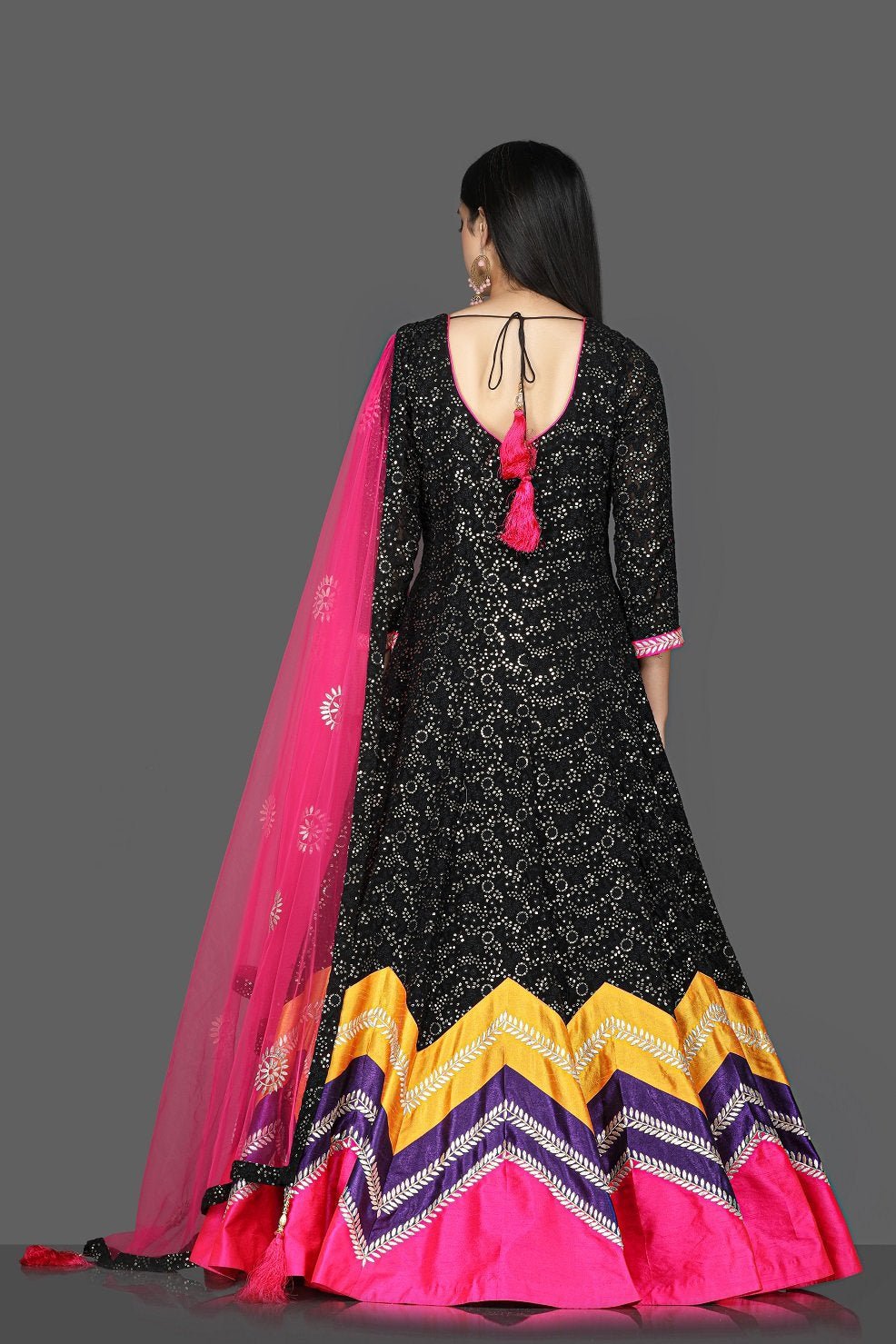 Buy beautiful black georgette Lucknowi embroidery Anarkali online in USA with pink dupatta. Flaunt ethnic fashion with exquisite designer lehenga, Indian wedding dresses, Anarkali suits from Pure Elegance Indian fashion boutique in USA.-back