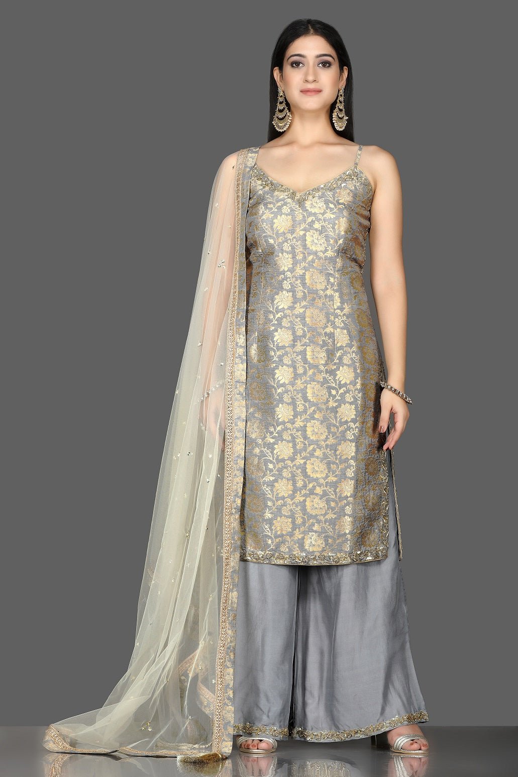 Buy lovely grey embroidered Banarasi kurta online in USA with crepe palazzo. Flaunt ethnic fashion with exquisite designer lehenga, Indian wedding dresses, Anarkali suits from Pure Elegance Indian fashion boutique in USA.-full view