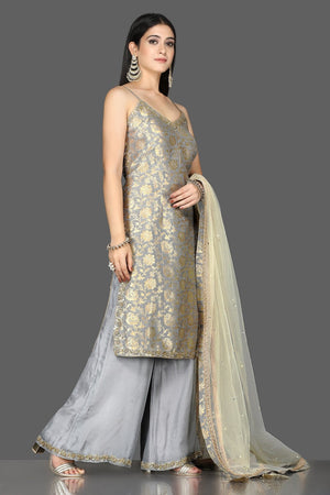 Buy lovely grey embroidered Banarasi kurta online in USA with crepe palazzo. Flaunt ethnic fashion with exquisite designer lehenga, Indian wedding dresses, Anarkali suits from Pure Elegance Indian fashion boutique in USA.-side