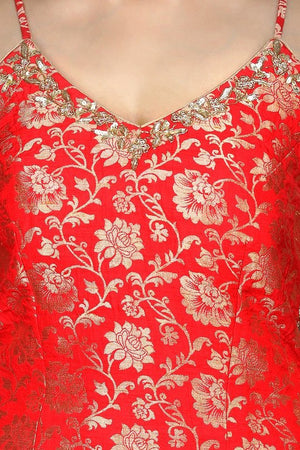 Buy bright red embroidered Banarasi kurta online in USA with crepe pants. Flaunt ethnic fashion with exquisite designer lehenga, Indian wedding dresses, Anarkali suits from Pure Elegance Indian fashion boutique in USA.-top