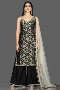 Shop stunning black embroidered Banarasi kurta online in USA with crepe palazzo. Flaunt ethnic fashion with exquisite designer lehenga, Indian wedding dresses, Anarkali suits from Pure Elegance Indian fashion boutique in USA.-full view