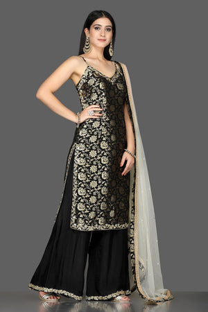 Shop stunning black embroidered Banarasi kurta online in USA with crepe palazzo. Flaunt ethnic fashion with exquisite designer lehenga, Indian wedding dresses, Anarkali suits from Pure Elegance Indian fashion boutique in USA.-side