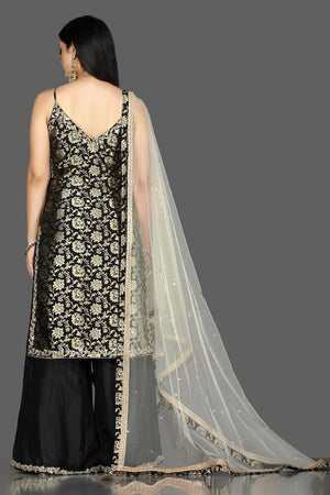Shop stunning black embroidered Banarasi kurta online in USA with crepe palazzo. Flaunt ethnic fashion with exquisite designer lehenga, Indian wedding dresses, Anarkali suits from Pure Elegance Indian fashion boutique in USA.-back