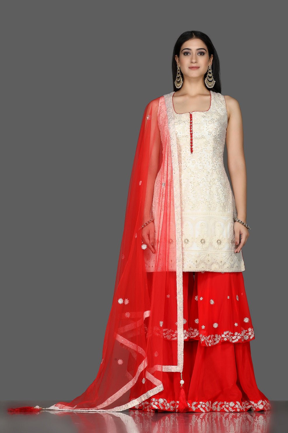 Shop beautiful white and red georgette Lucknowi sharara suit online in USA with dupatta. Flaunt ethnic fashion with exquisite designer lehenga, Indian wedding dresses, Anarkali suits from Pure Elegance Indian fashion boutique in USA.-full view