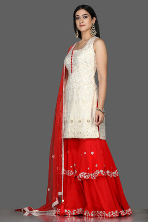 Shop beautiful white and red georgette Lucknowi sharara suit online in USA with dupatta. Flaunt ethnic fashion with exquisite designer lehenga, Indian wedding dresses, Anarkali suits from Pure Elegance Indian fashion boutique in USA.-side