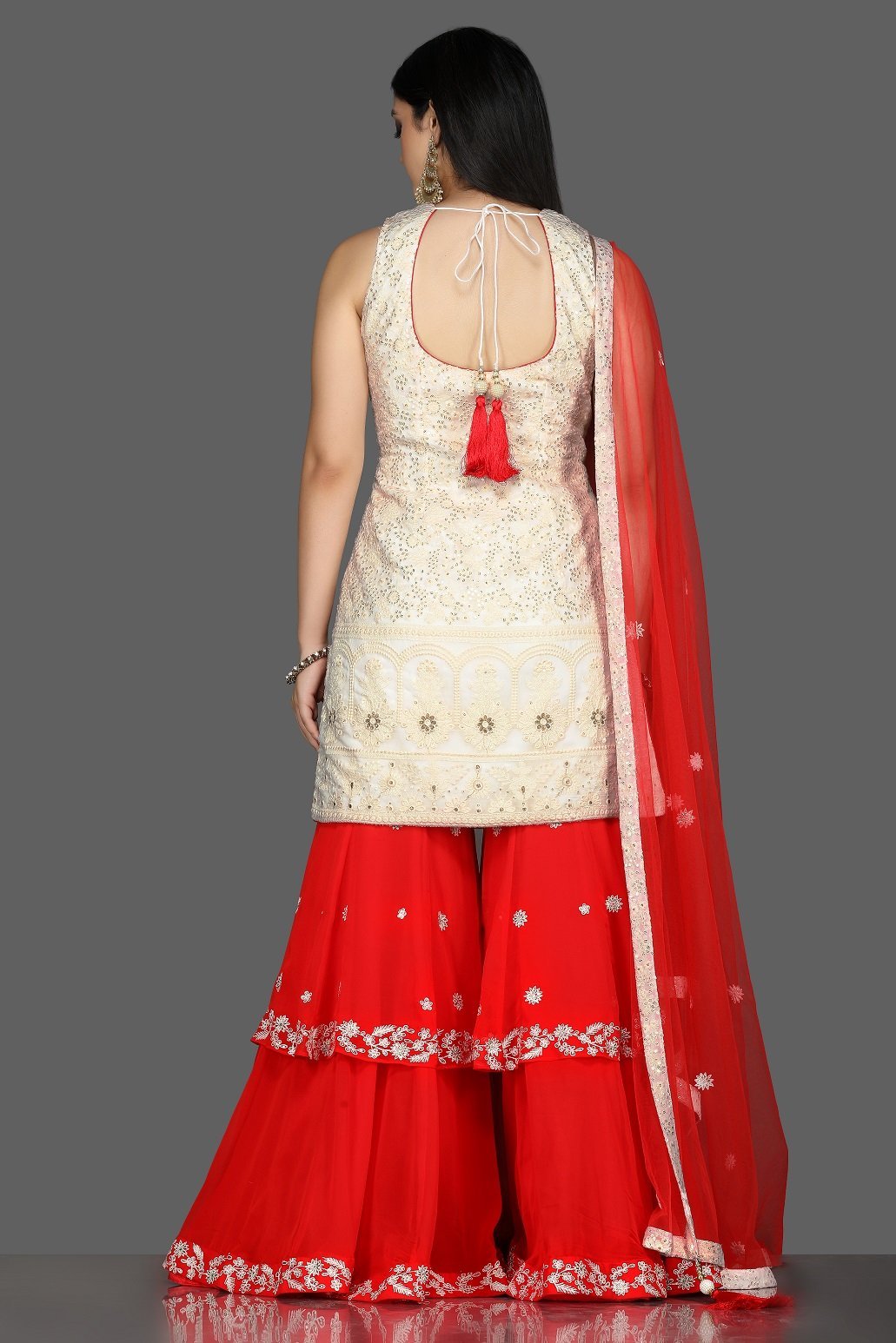 Shop beautiful white and red georgette Lucknowi sharara suit online in USA with dupatta. Flaunt ethnic fashion with exquisite designer lehenga, Indian wedding dresses, Anarkali suits from Pure Elegance Indian fashion boutique in USA.-back