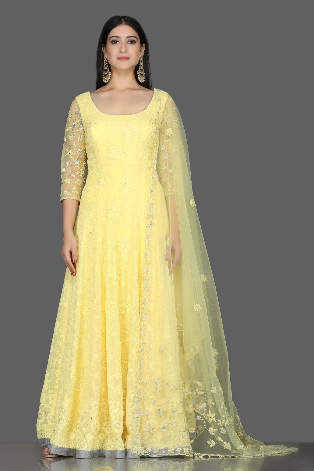 Buy stunning lemon yellow georgette Lucknowi Anarkali online in USA with dupatta. Flaunt ethnic fashion with exquisite designer lehenga, Indian wedding dresses, Anarkali suits from Pure Elegance Indian fashion boutique in USA.-full view