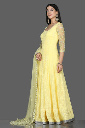Buy stunning lemon yellow georgette Lucknowi Anarkali online in USA with dupatta. Flaunt ethnic fashion with exquisite designer lehenga, Indian wedding dresses, Anarkali suits from Pure Elegance Indian fashion boutique in USA.-side