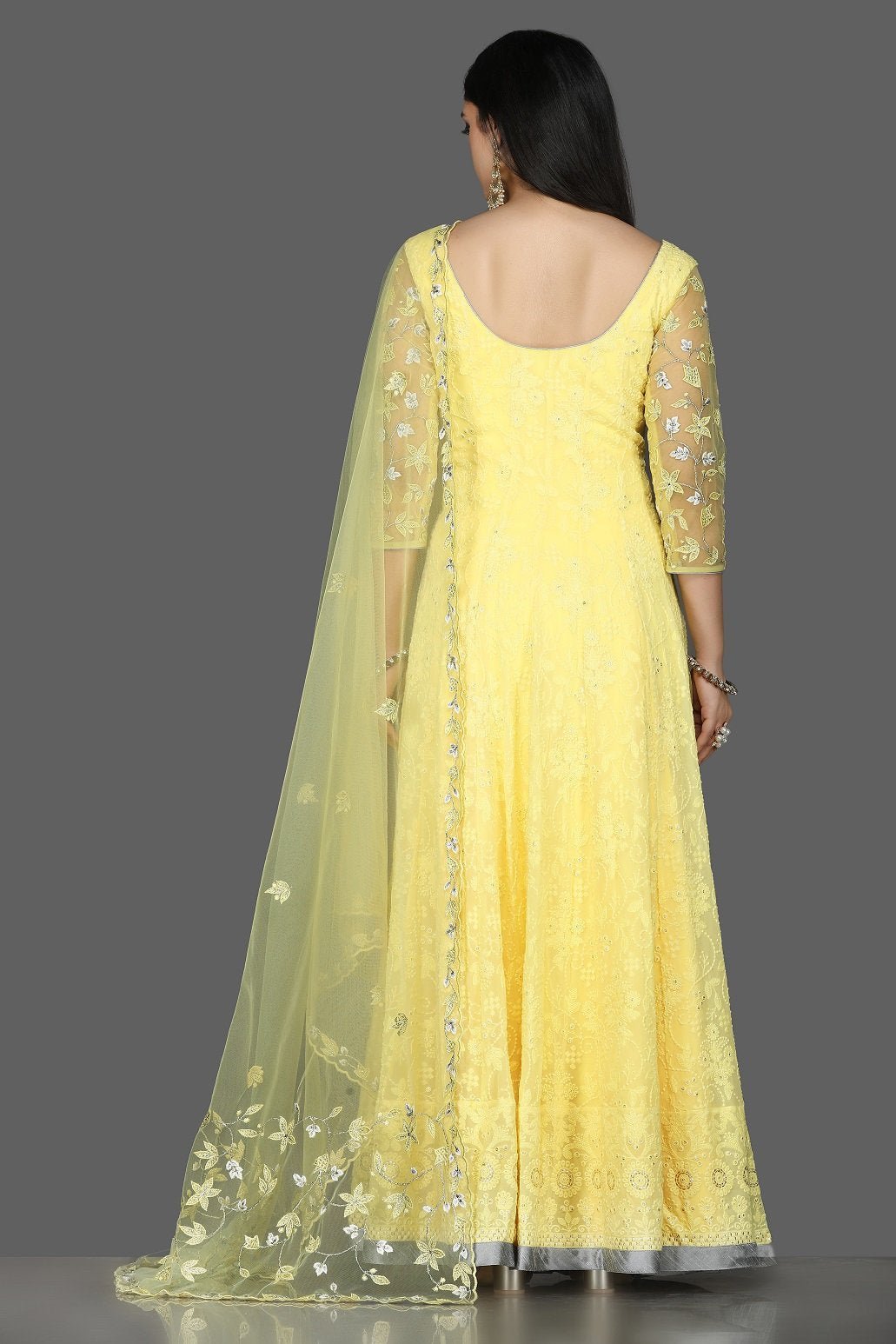 Buy stunning lemon yellow georgette Lucknowi Anarkali online in USA with dupatta. Flaunt ethnic fashion with exquisite designer lehenga, Indian wedding dresses, Anarkali suits from Pure Elegance Indian fashion boutique in USA.-back