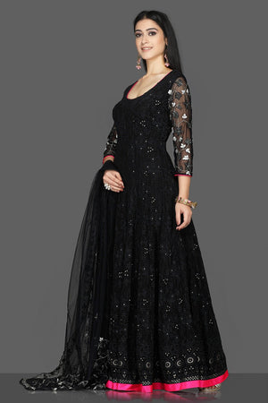 Shop exquisite black georgette Lucknowi Anarkali suit online in USA with dupatta. Flaunt ethnic fashion with exquisite designer lehenga, Indian wedding dresses, Anarkali suits from Pure Elegance Indian fashion boutique in USA.-side