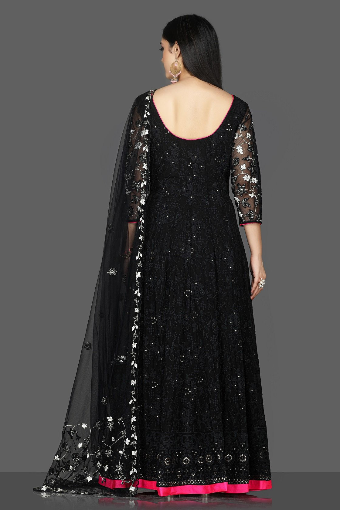 Shop exquisite black georgette Lucknowi Anarkali suit online in USA with dupatta. Flaunt ethnic fashion with exquisite designer lehenga, Indian wedding dresses, Anarkali suits from Pure Elegance Indian fashion boutique in USA.-back