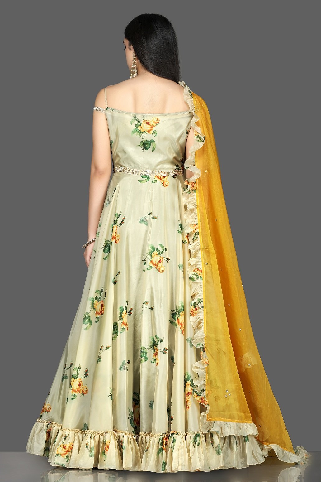Shop lovely pista green floral organza silk Anarkali online in USA with a yellow ruffle dupatta. Go for an attractive wedding style with Pure Elegance designer lehengas. traditional salwar suits, Indowestern dresses available at our exclusive Indian fashion store in USA.-back