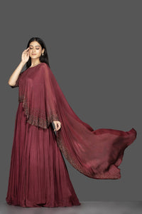 Buy stunning maroon embroidered satin silk cape gown online in USA. Flaunt your extraordinary fashion sense with stunning Indian dresses, designer gowns from Pure Elegance Indian fashion store in USA.-full view