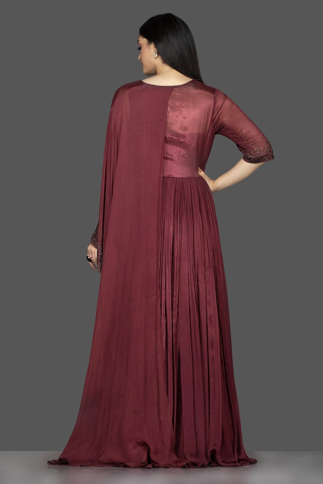 Buy stunning maroon embroidered satin silk cape gown online in USA. Flaunt your extraordinary fashion sense with stunning Indian dresses, designer gowns from Pure Elegance Indian fashion store in USA.-back
