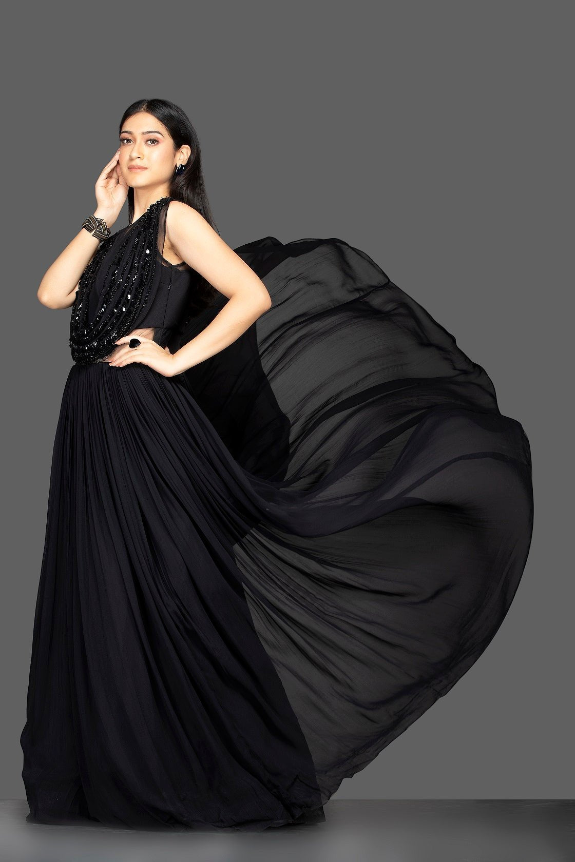 Shop black embroidered faux dupatta georgette gown online in USA. Flaunt your extraordinary fashion sense with stunning Indian dresses, designer gowns from Pure Elegance Indian fashion store in USA.-full view