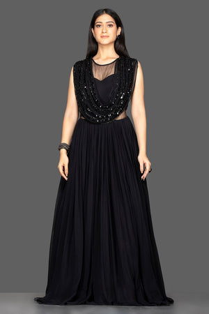 Shop black embroidered faux dupatta georgette gown online in USA. Flaunt your extraordinary fashion sense with stunning Indian dresses, designer gowns from Pure Elegance Indian fashion store in USA.-front