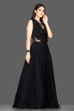 Shop black embroidered faux dupatta georgette gown online in USA. Flaunt your extraordinary fashion sense with stunning Indian dresses, designer gowns from Pure Elegance Indian fashion store in USA.-side