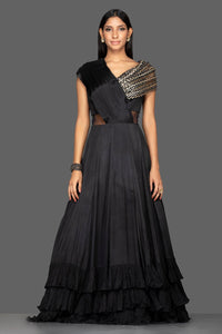 Shop stylish black embroidered georgette layered ruffle gown online in USA. Flaunt your extraordinary fashion sense with stunning Indian dresses, designer gowns from Pure Elegance Indian fashion store in USA.-full view