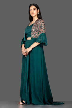 Buy stylish bottle green georgette crop top with palazzo online in USA and long shrug. Flaunt your extraordinary fashion sense with stunning Indian dresses, designer Anarkali suits from Pure Elegance Indian fashion store in USA.-side