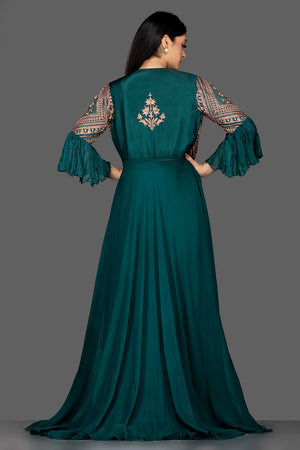 Buy stylish bottle green georgette crop top with palazzo online in USA and long shrug. Flaunt your extraordinary fashion sense with stunning Indian dresses, designer Anarkali suits from Pure Elegance Indian fashion store in USA.-back