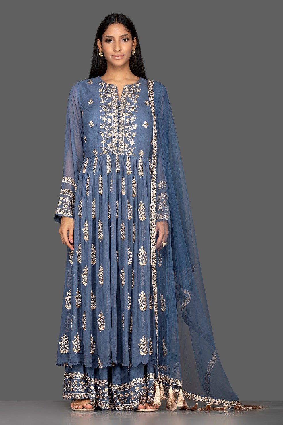 Shop blue embroidered georgette palazzo suit online in USA with dupatta. Flaunt your extraordinary fashion sense with stunning Indian dresses, designer Anarkali suits from Pure Elegance Indian fashion store in USA.-full view