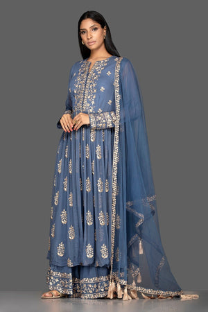 Shop blue embroidered georgette palazzo suit online in USA with dupatta. Flaunt your extraordinary fashion sense with stunning Indian dresses, designer Anarkali suits from Pure Elegance Indian fashion store in USA.-side