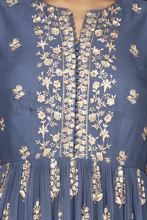 Shop blue embroidered georgette palazzo suit online in USA with dupatta. Flaunt your extraordinary fashion sense with stunning Indian dresses, designer Anarkali suits from Pure Elegance Indian fashion store in USA.-top