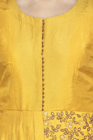 Shop attractive yellow embroidered chanderi silk Anarkali with dupatta online in USA. Flaunt your extraordinary fashion sense with stunning Indowestern dresses, designer Anarkali suits from Pure Elegance Indian fashion store in USA.-closeup