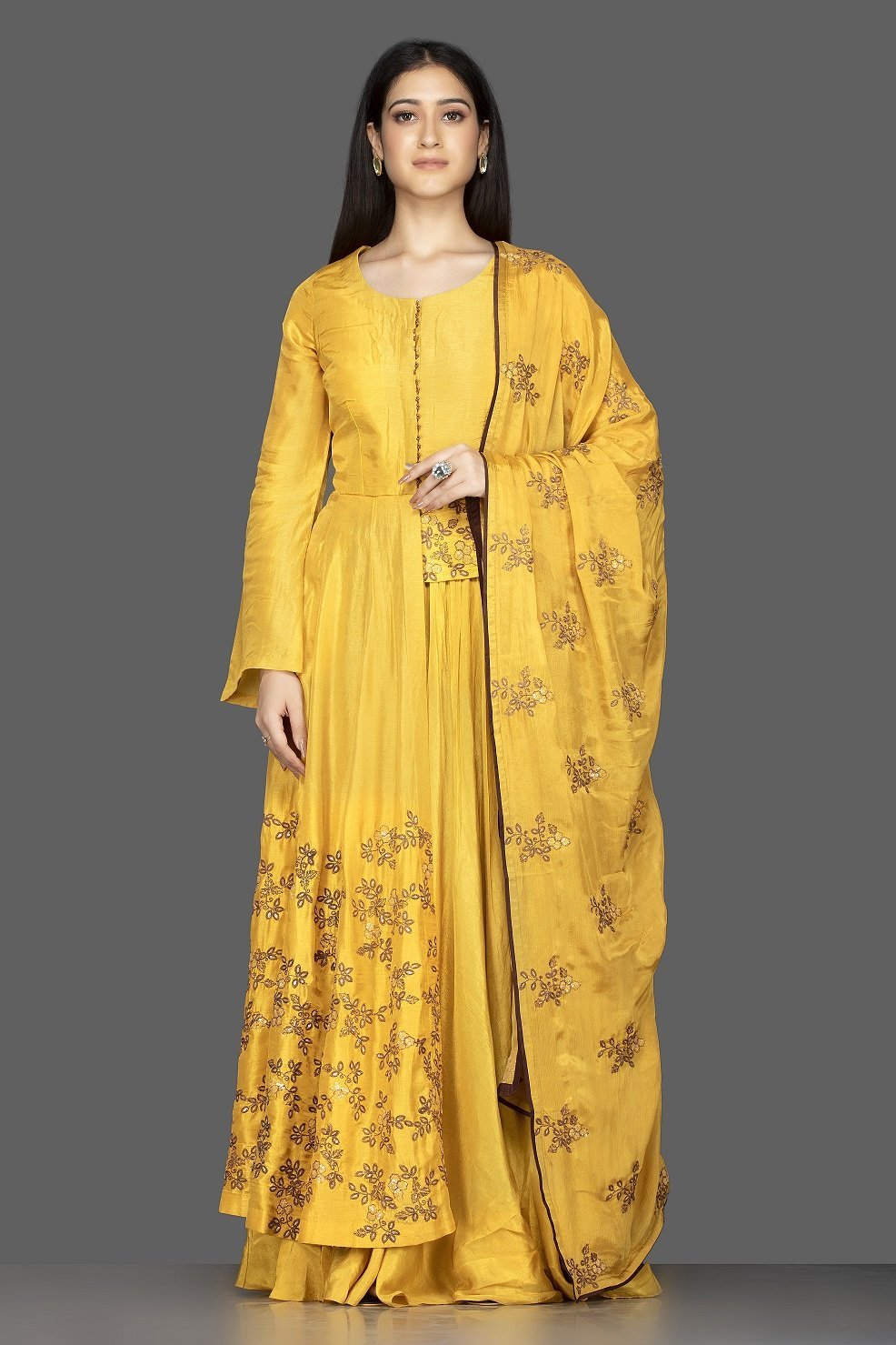 Shop attractive yellow embroidered chanderi silk Anarkali with dupatta online in USA. Flaunt your extraordinary fashion sense with stunning Indowestern dresses, designer Anarkali suits from Pure Elegance Indian fashion store in USA.-full view