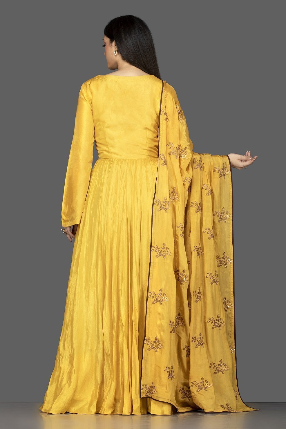 Shop attractive yellow embroidered chanderi silk Anarkali with dupatta online in USA. Flaunt your extraordinary fashion sense with stunning Indowestern dresses, designer Anarkali suits from Pure Elegance Indian fashion store in USA.-back