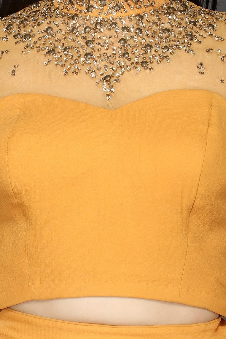 Shop beautiful mustard embroidered georgette lehenga online in USA with dupatta. Flaunt your extraordinary fashion sense with stunning Indian dresses, designer lehenga from Pure Elegance Indian fashion store in USA.-blouse