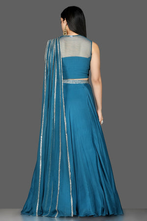 Buy blue embroidered silk lehenga online in USA with draped dupatta. Flaunt your extraordinary fashion sense with stunning Indian dresses, designer lehenga from Pure Elegance Indian fashion store in USA.-back