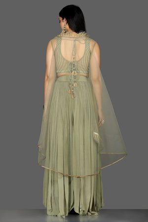Buy olive green embroidered crop top with palazzo online in USA with faux feather cape. Shine at weddings and special occasions with beautiful designer Indian dresses, Anarkali suits from Pure Elegance Indian clothing store in USA.-back