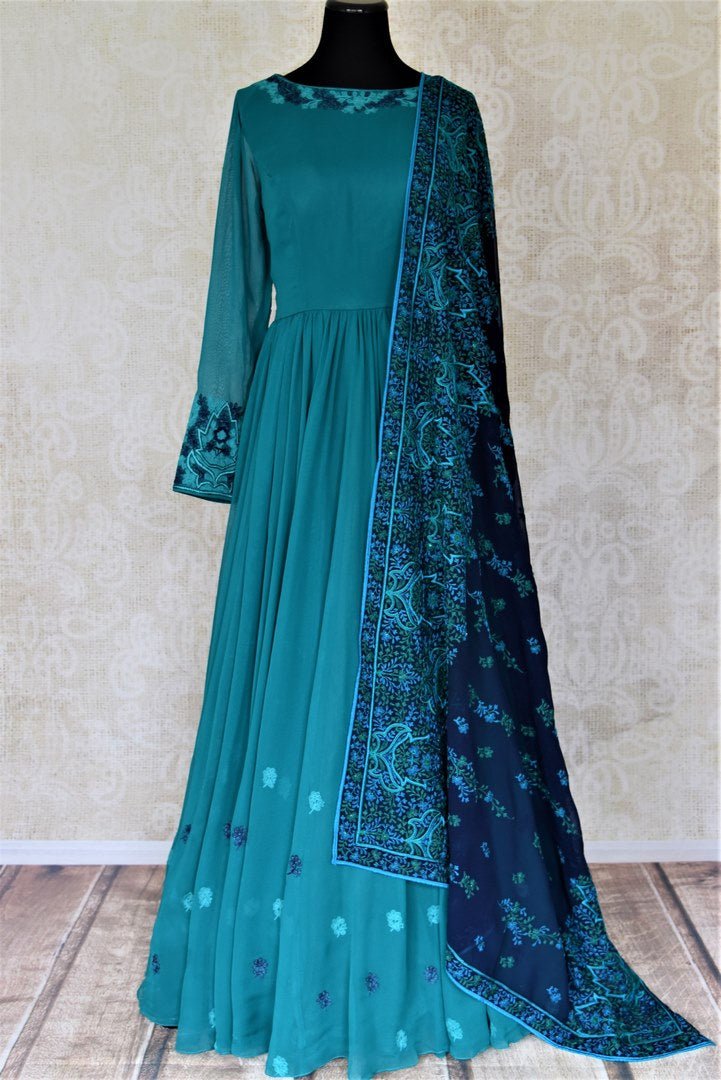 Shop gorgeous sea green embroidered georgette Anarkali online in USA with dupatta. Dazzle at weddings and festive occasions with stunning designer sharara and Anarkali suits from Pure Elegance Indian fashion store in USA.-full view