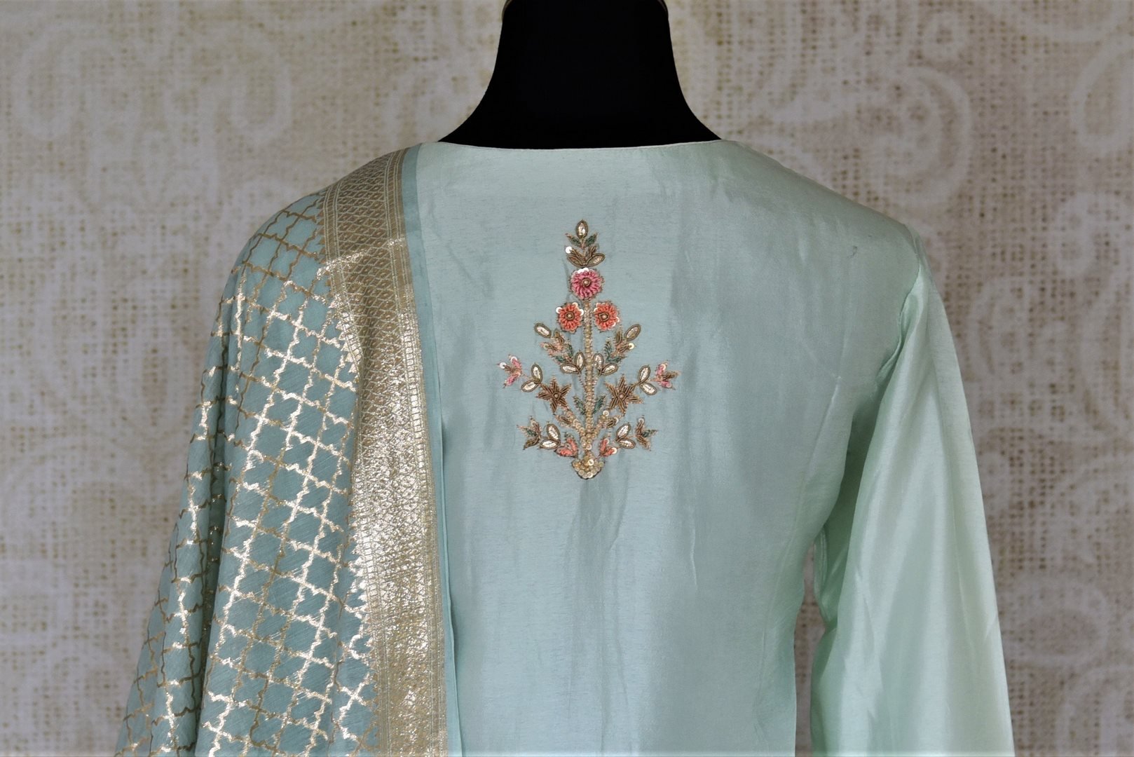 Shop exquisite mint green hand embroidery silk suit with palazzo online in USA and dupatta. Dazzle at weddings and festive occasions with stunning designer sharara and Anarkali suits from Pure Elegance Indian fashion store in USA.-back