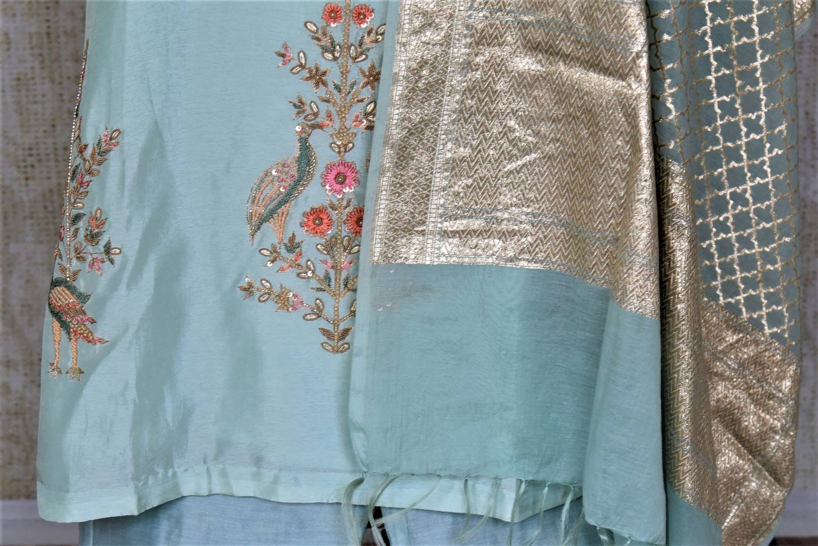 Shop exquisite mint green hand embroidery silk suit with palazzo online in USA and dupatta. Dazzle at weddings and festive occasions with stunning designer sharara and Anarkali suits from Pure Elegance Indian fashion store in USA.-bottom