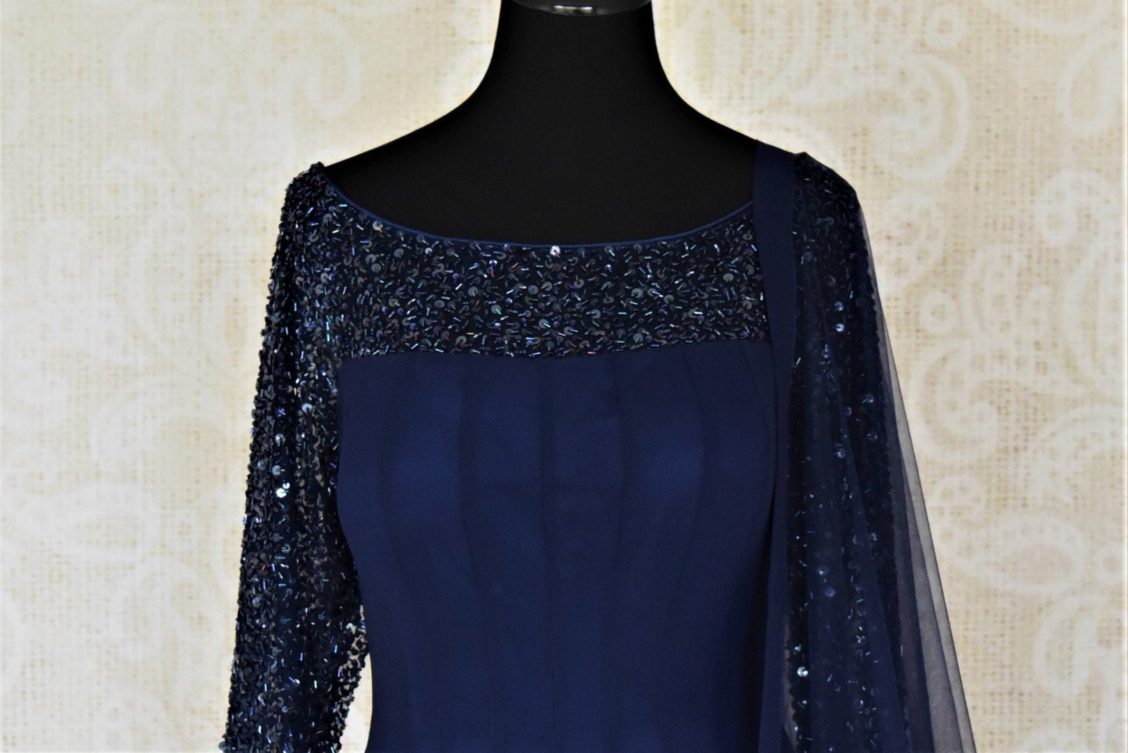 Shop Dark Blue Hand Embroidered Boat Neck Anarkali Suit Online in ...