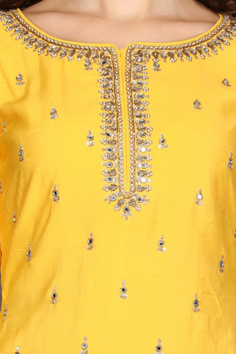 Buy bright yellow and red embroidered sharara suit online in USA with printed dupatta. Dazzle on weddings and special occasions with exquisite Indian designer dresses, sharara suits, Anarkali suits from Pure Elegance Indian fashion store in USA.-closeup