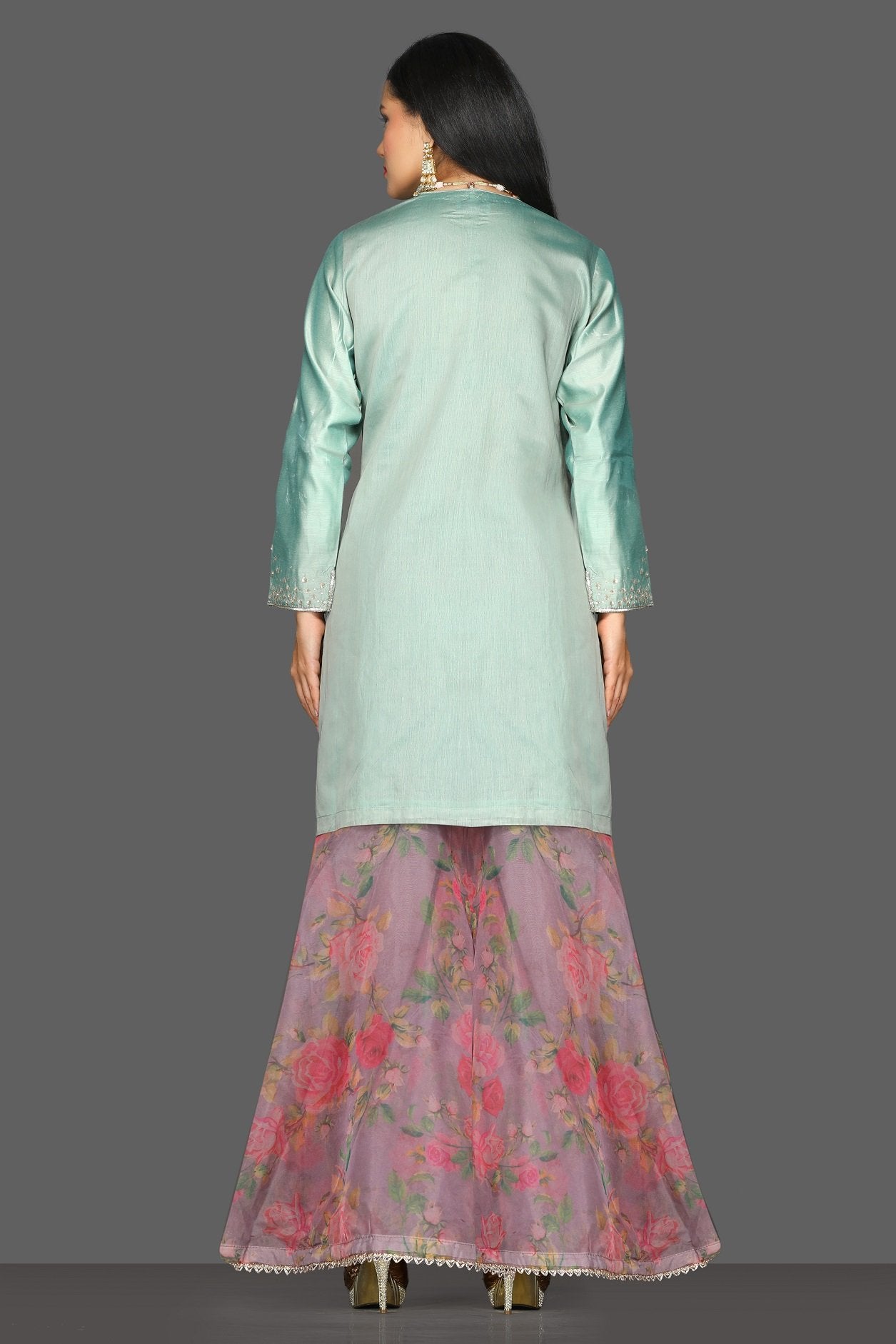 Shop beautiful mint green and floral pink embroidered sharara suit online in USA. Dazzle on weddings and special occasions with exquisite Indian designer dresses, sharara suits, Anarkali suits from Pure Elegance Indian fashion store in USA.-back