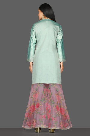 Shop beautiful mint green and floral pink embroidered sharara suit online in USA. Dazzle on weddings and special occasions with exquisite Indian designer dresses, sharara suits, Anarkali suits from Pure Elegance Indian fashion store in USA.-back