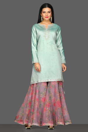 Shop beautiful mint green and floral pink embroidered sharara suit online in USA. Dazzle on weddings and special occasions with exquisite Indian designer dresses, sharara suits, Anarkali suits from Pure Elegance Indian fashion store in USA.-front