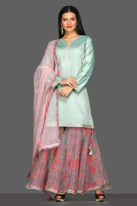 Shop beautiful mint green and floral pink embroidered sharara suit online in USA. Dazzle on weddings and special occasions with exquisite Indian designer dresses, sharara suits, Anarkali suits from Pure Elegance Indian fashion store in USA.-full view