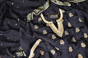 Shop dark green embroidered silk palazzo suit online in USA with dupatta. Elevate your ethnic style on weddings and festive occasions with stunning designer Anarkali suits, sharara suits, palazzo suits, salwar suits from Pure Elegance Indian fashion boutique in USA.-details