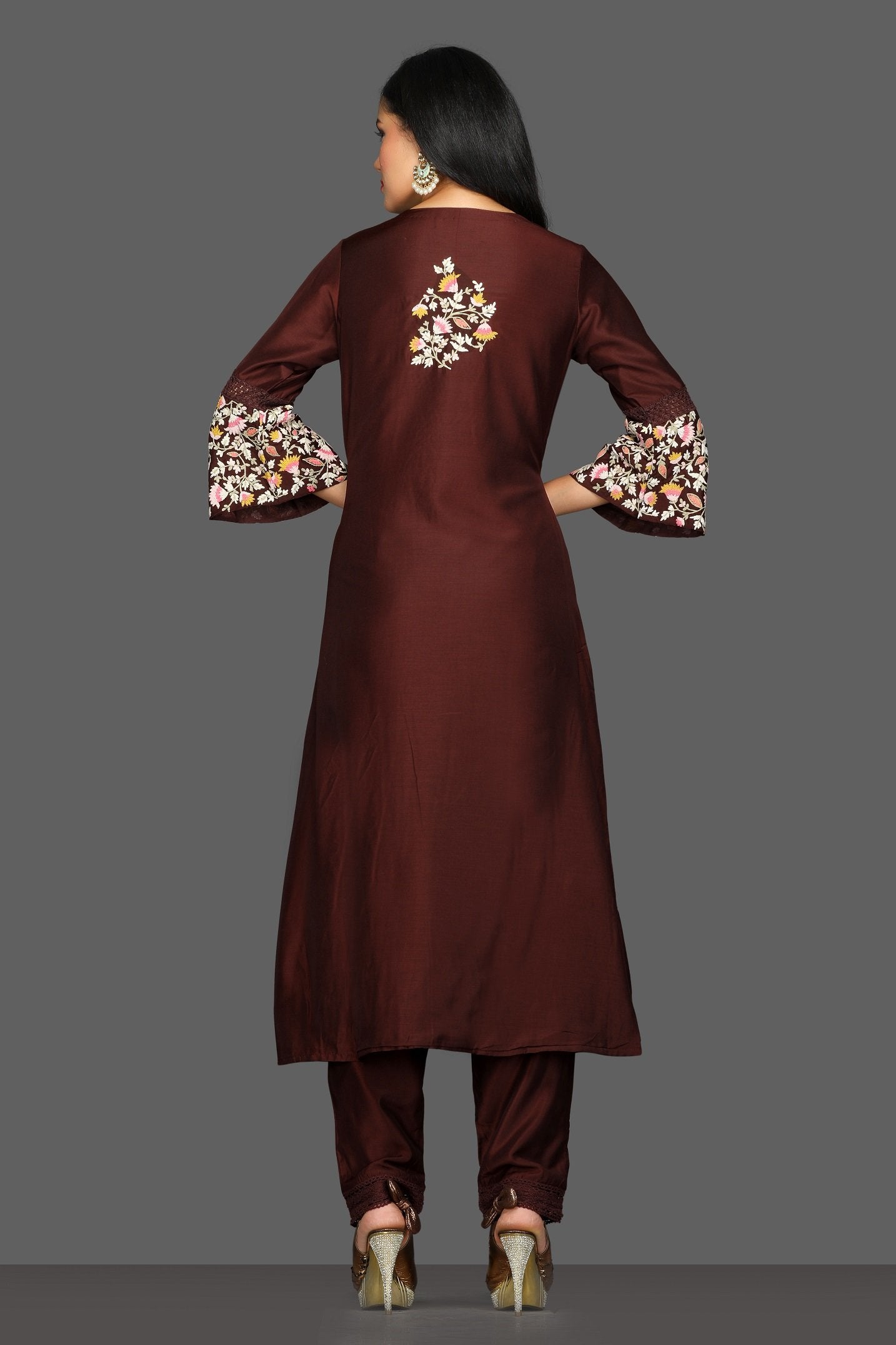 Shop dark brown embroidered pant suit online in USA with dupatta. Dazzle on weddings and special occasions with exquisite Indian designer dresses, sharara suits, Anarkali suits from Pure Elegance Indian fashion store in USA.-back