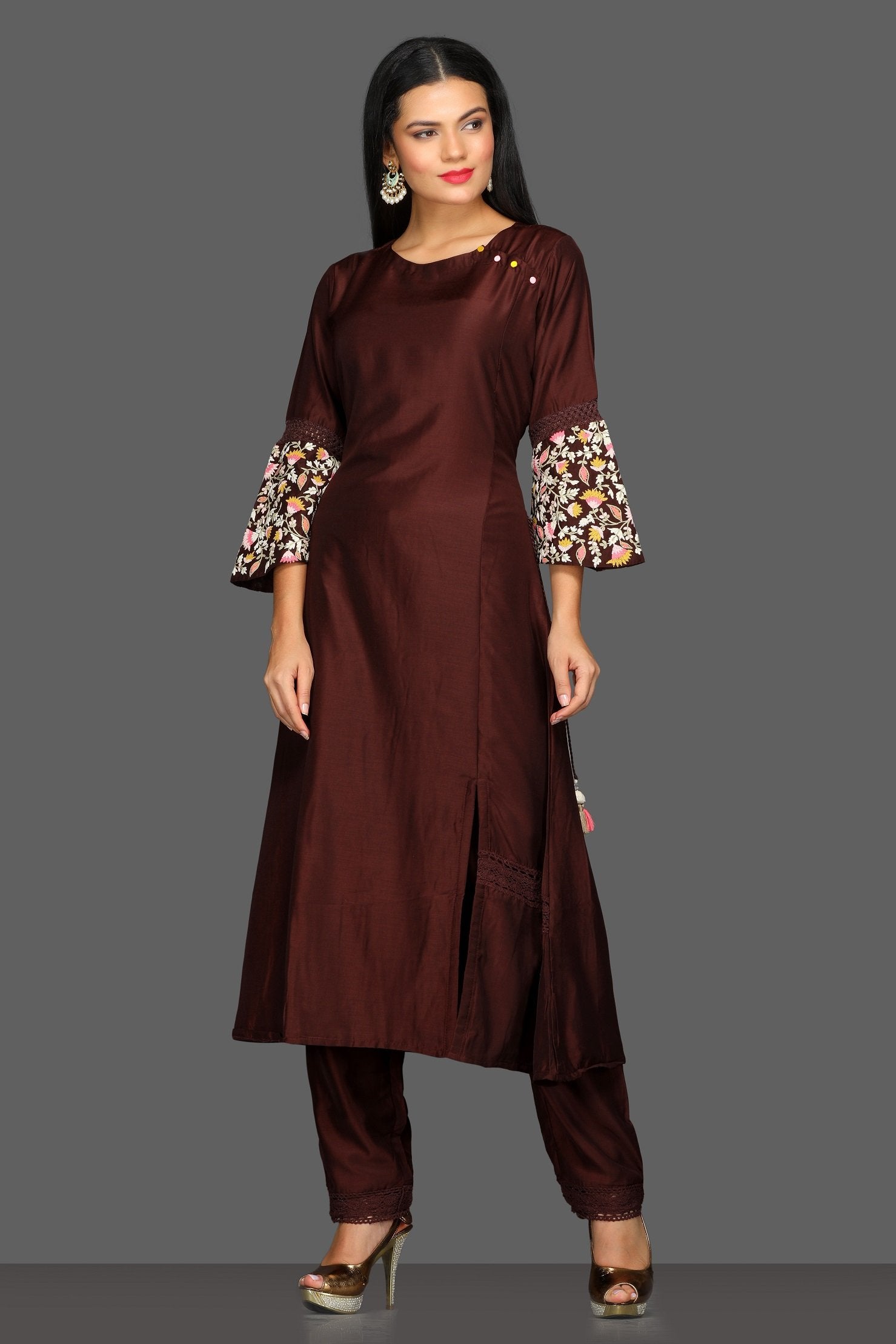 Shop dark brown embroidered pant suit online in USA with dupatta. Dazzle on weddings and special occasions with exquisite Indian designer dresses, sharara suits, Anarkali suits from Pure Elegance Indian fashion store in USA.-front