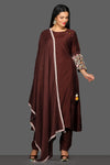 Shop dark brown embroidered pant suit online in USA with dupatta. Dazzle on weddings and special occasions with exquisite Indian designer dresses, sharara suits, Anarkali suits from Pure Elegance Indian fashion store in USA.-full view